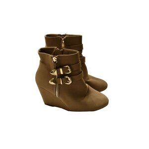 Women's Forever Tan Wedge Ankle Boots Buckles Zippers 8